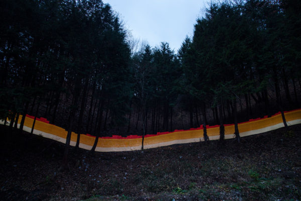 A special light painting technique reveals radioactive contamination in a forest bordering the Sato family house in Iitate. The forest has been decontaminated, but authorities only do 20 metres in from the edge, with everything beyond falling under the responsibility of a seperate government agency. Forest beyond the 20 metre boundry is not decontaminated, leading to constant re-contamination of the lower forest and house that borders it. Here we see radiation levels between 0.97uSv/h and 1.4uSv/h, with yellow showing spots elevated above the government decontamination target of 0.23 uSv/h, and red showing above 1uSv/h. Greenpeace/Greg McNevin